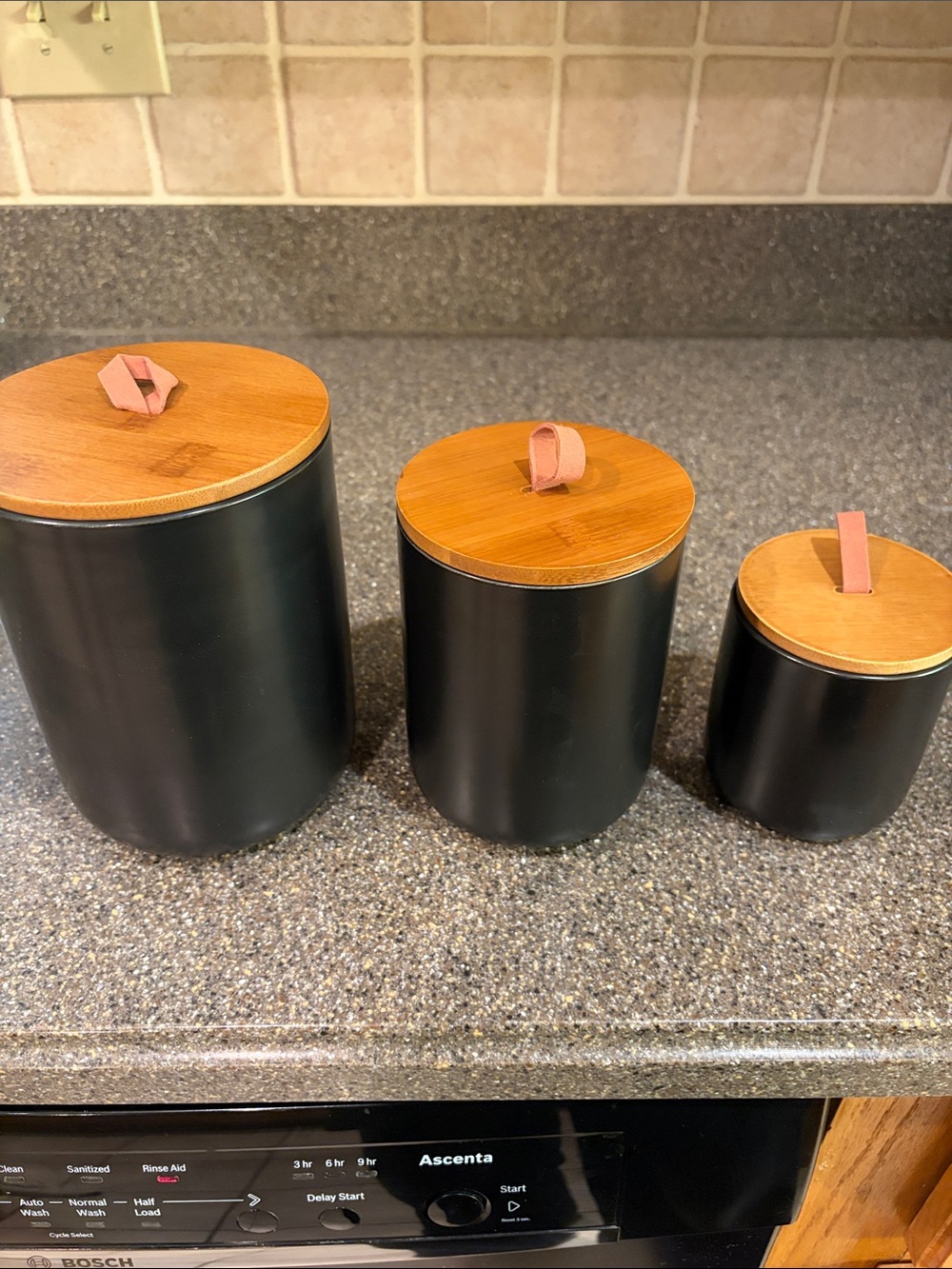 Matte Black Kitchen Canister Set with Bamboo Lids and Pink Pulls - 3 Piece